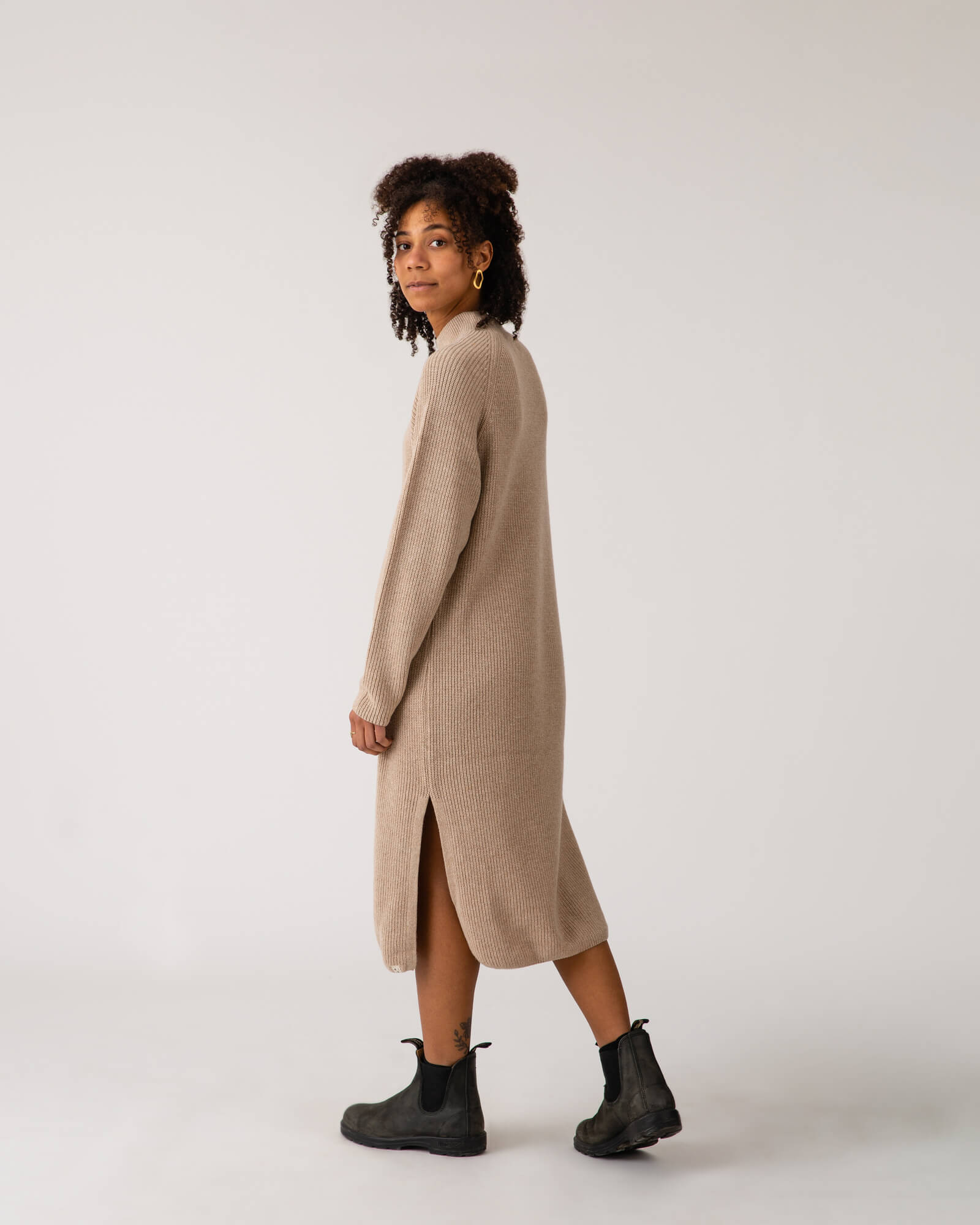Light brown, knitted limestone dress made from recycled wool by Matona