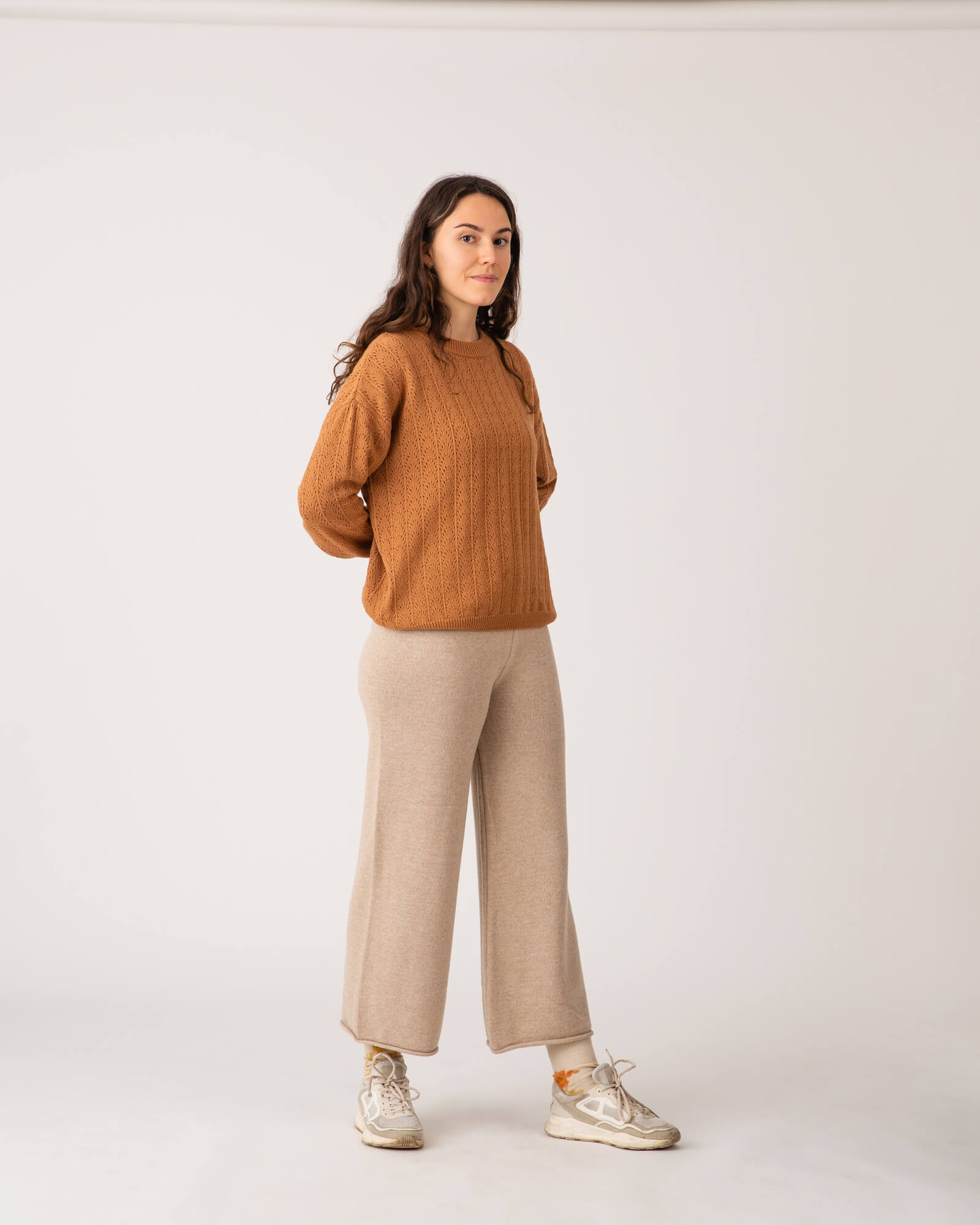 Light brown, straight trousers limestone made from recycled wool by Matona
