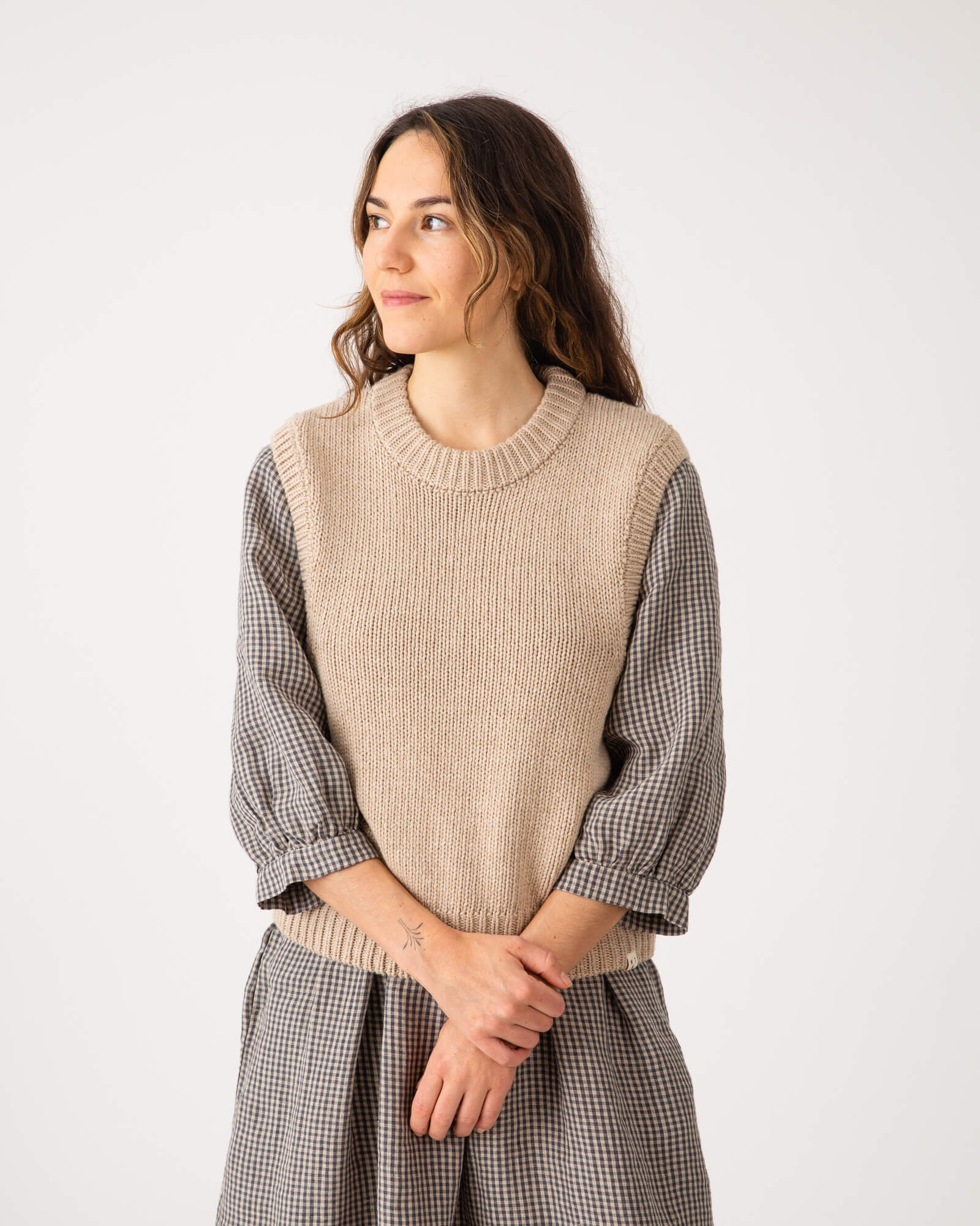 Brown limestone sweater vest made from recycled wool from Matona