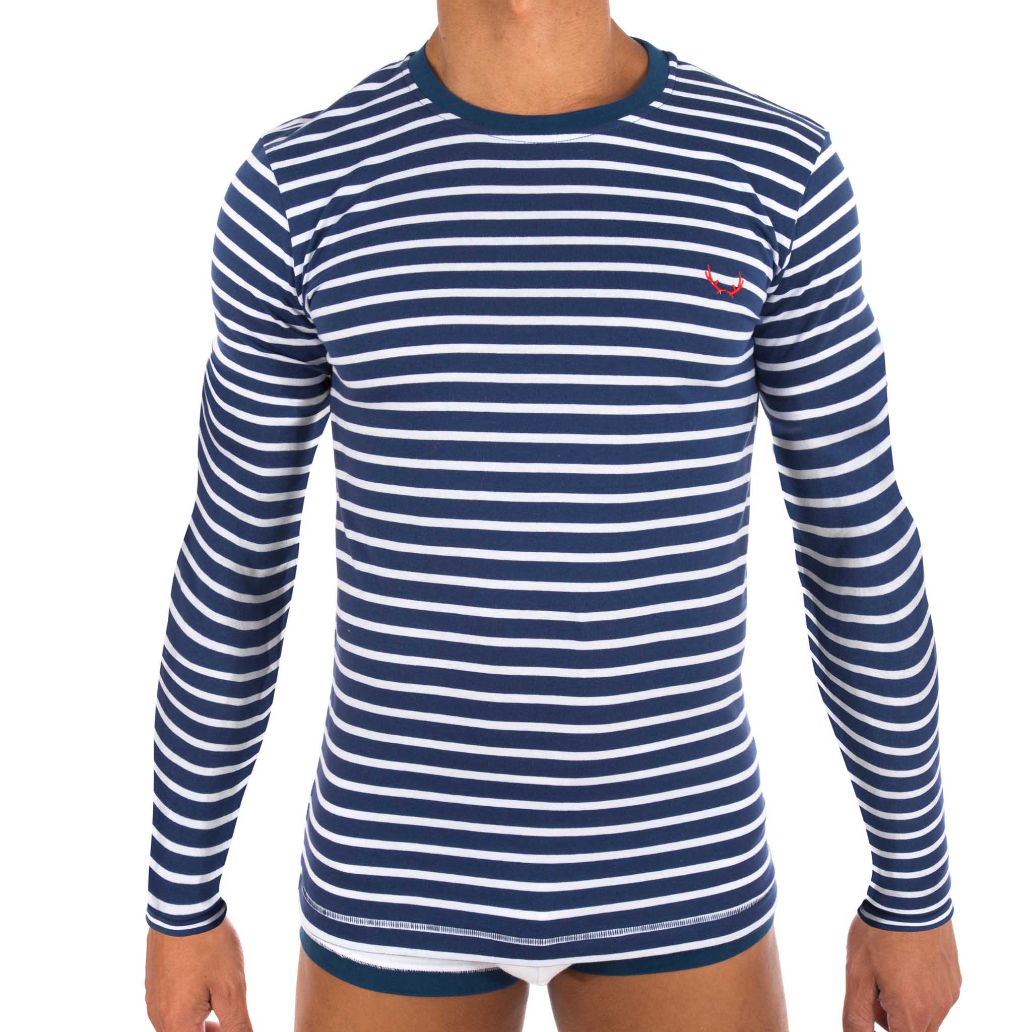 Blue and white striped, long-sleeved T-shirt made of organic cotton from Bluebuck