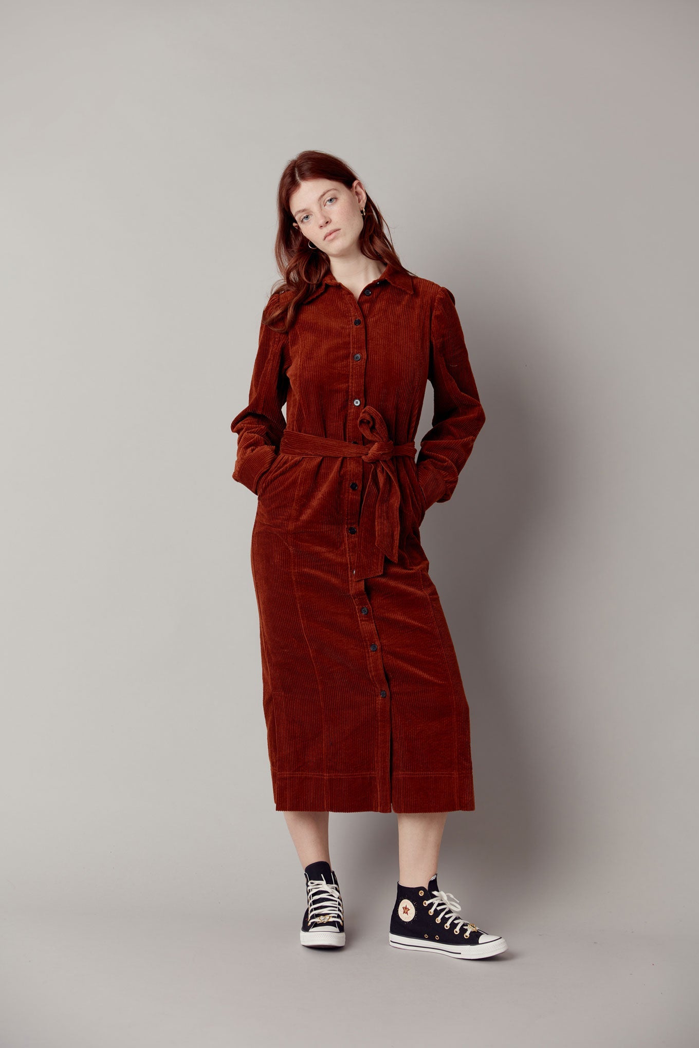 Red-brown, long corduroy dress REINA made from 100% organic cotton by Komodo