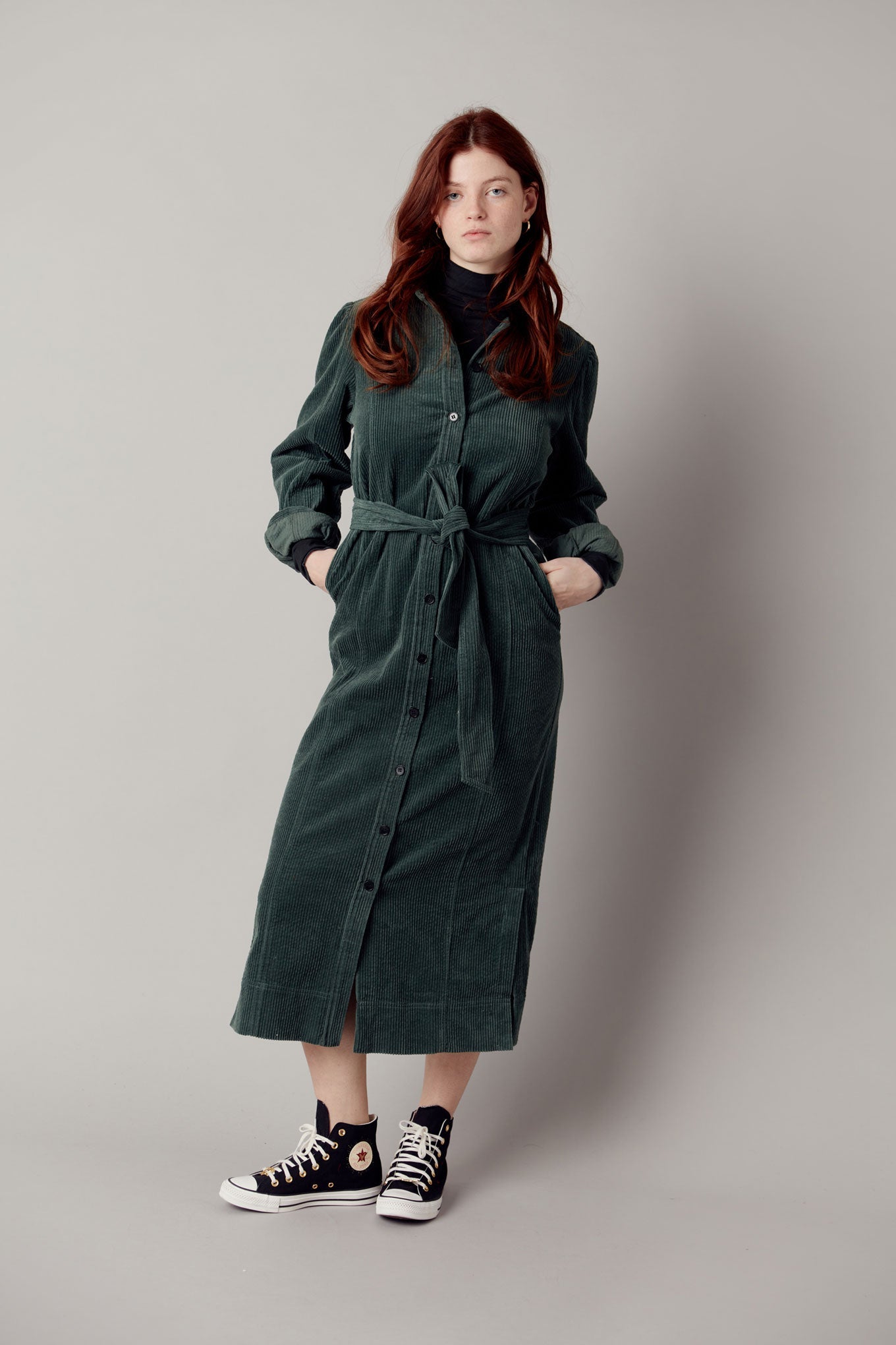 Dark green, long corduroy dress REINA made from 100% organic cotton by Komodo