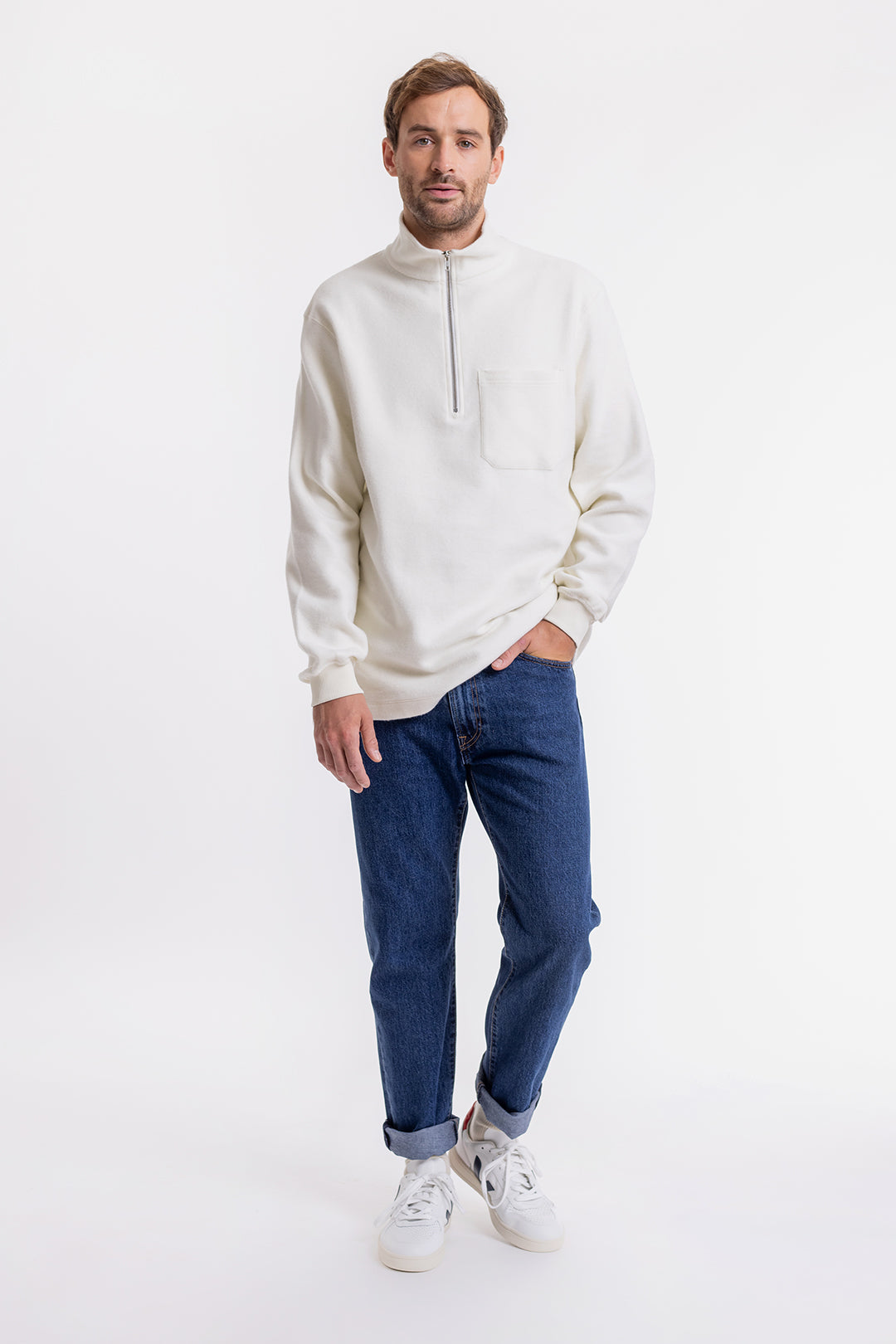 Half zip sweatshirt made of organic cotton white