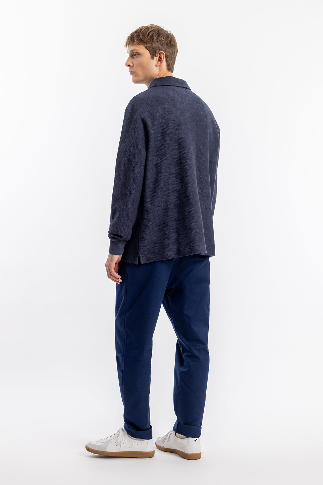 Dark blue, long-sleeved polo shirt made of organic cotton from Rotholz