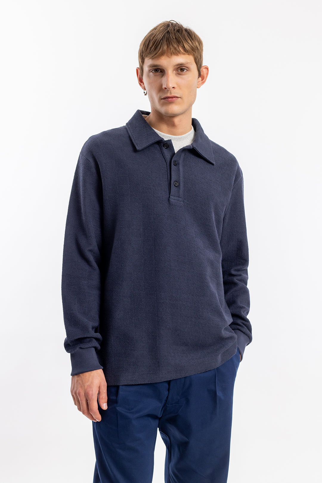Dark blue, long-sleeved polo shirt made of organic cotton from Rotholz