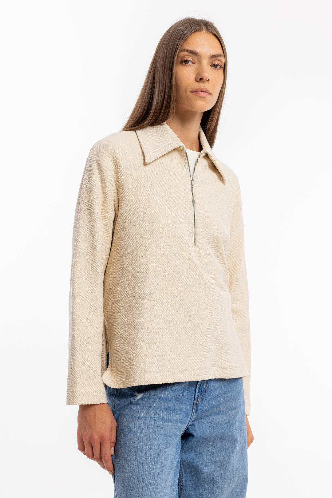 Beige polo zip sweater made of organic cotton from Rotholz