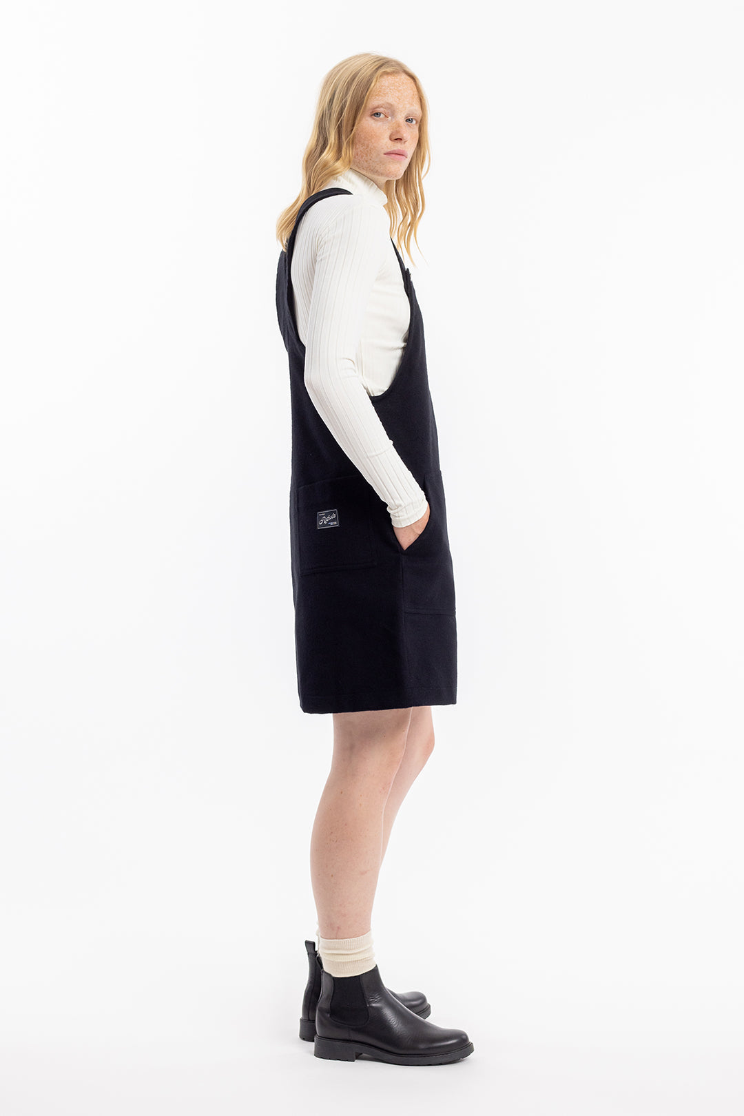 Black moleskin dungaree dress made from 100% organic cotton from Rotholz