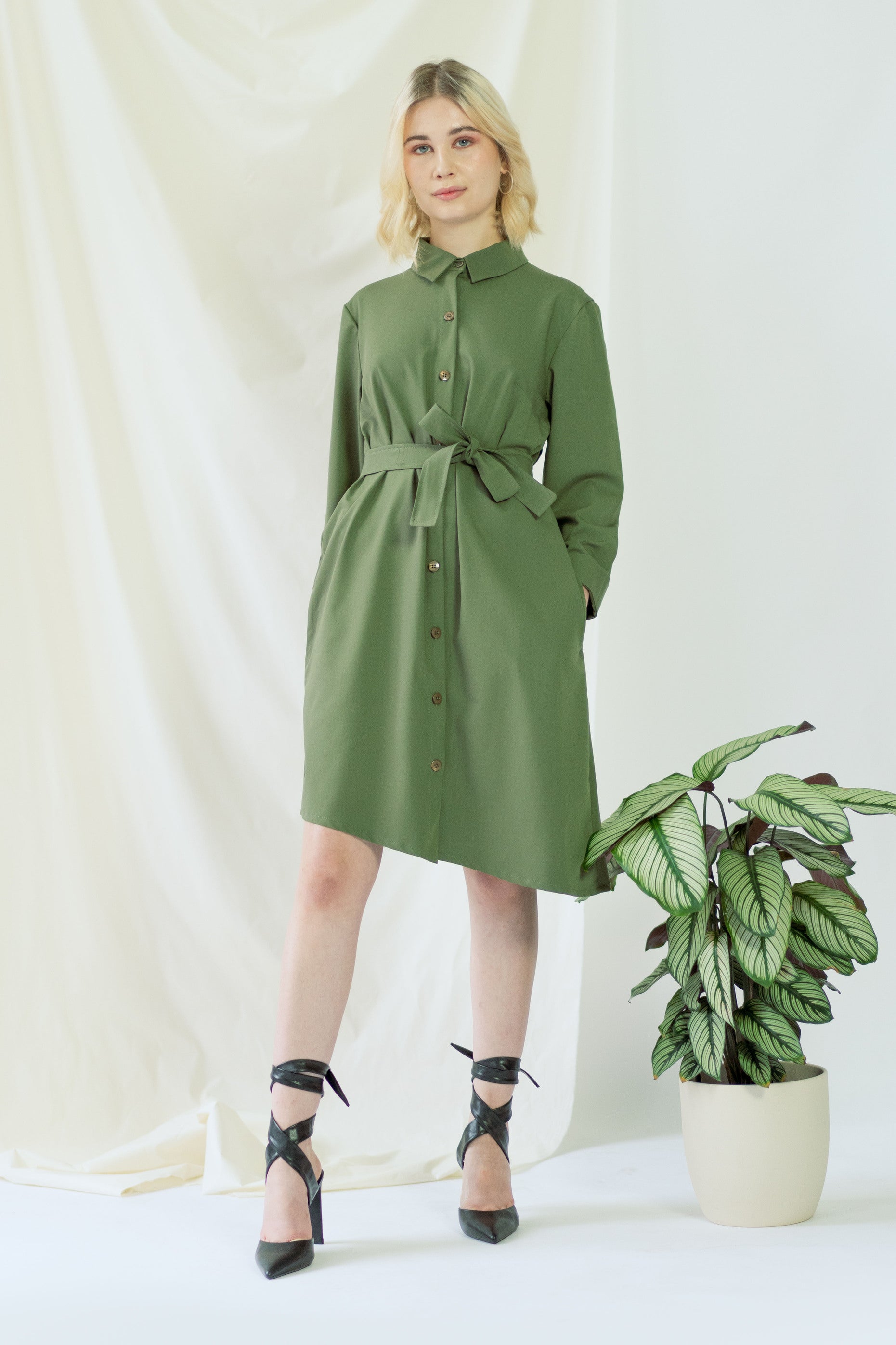 Olive green Zabel shirt dress made from recycled polyester by Ayani