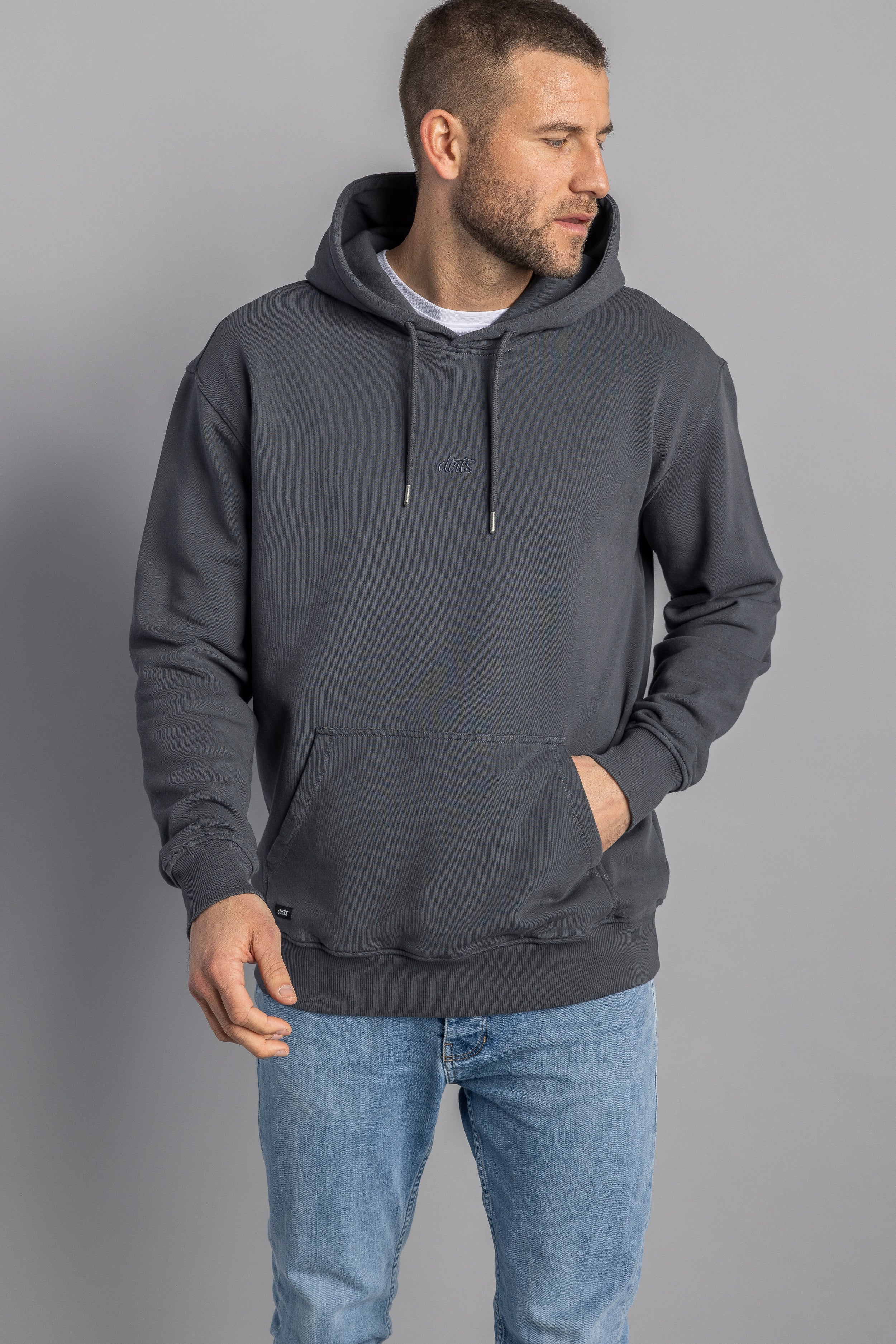 Gray hoodie logo made of 100% organic cotton from DIRTS
