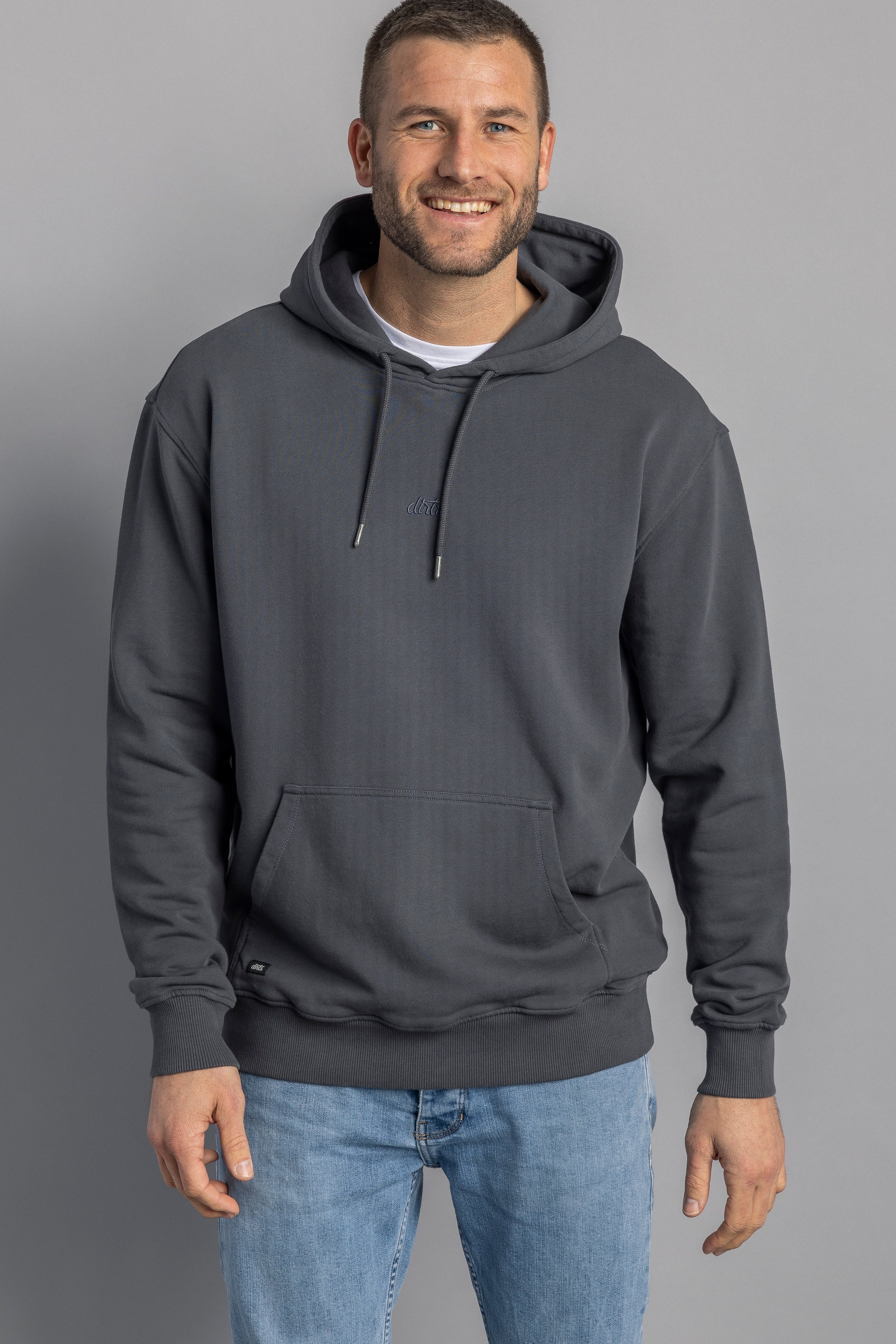 Gray hoodie logo made of 100% organic cotton from DIRTS
