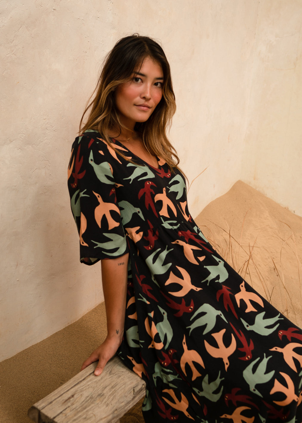 Colorful dress Fortuna Autumn Birds made of Cupro &amp; Ecovero by Komana