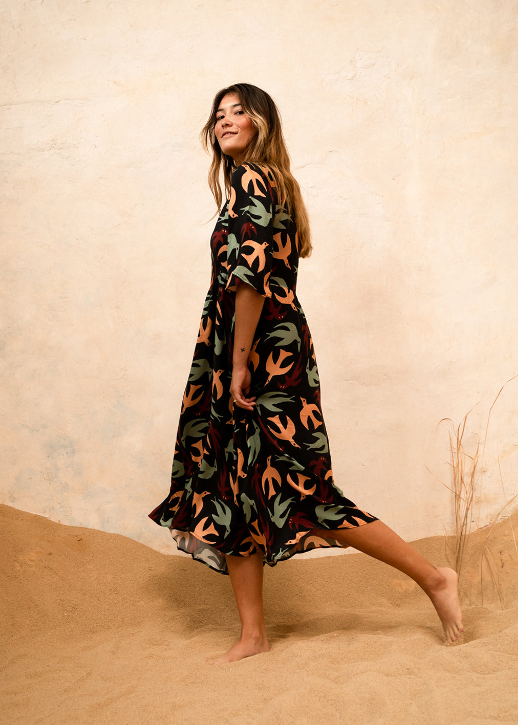 Colorful dress Fortuna Autumn Birds made of Cupro &amp; Ecovero by Komana