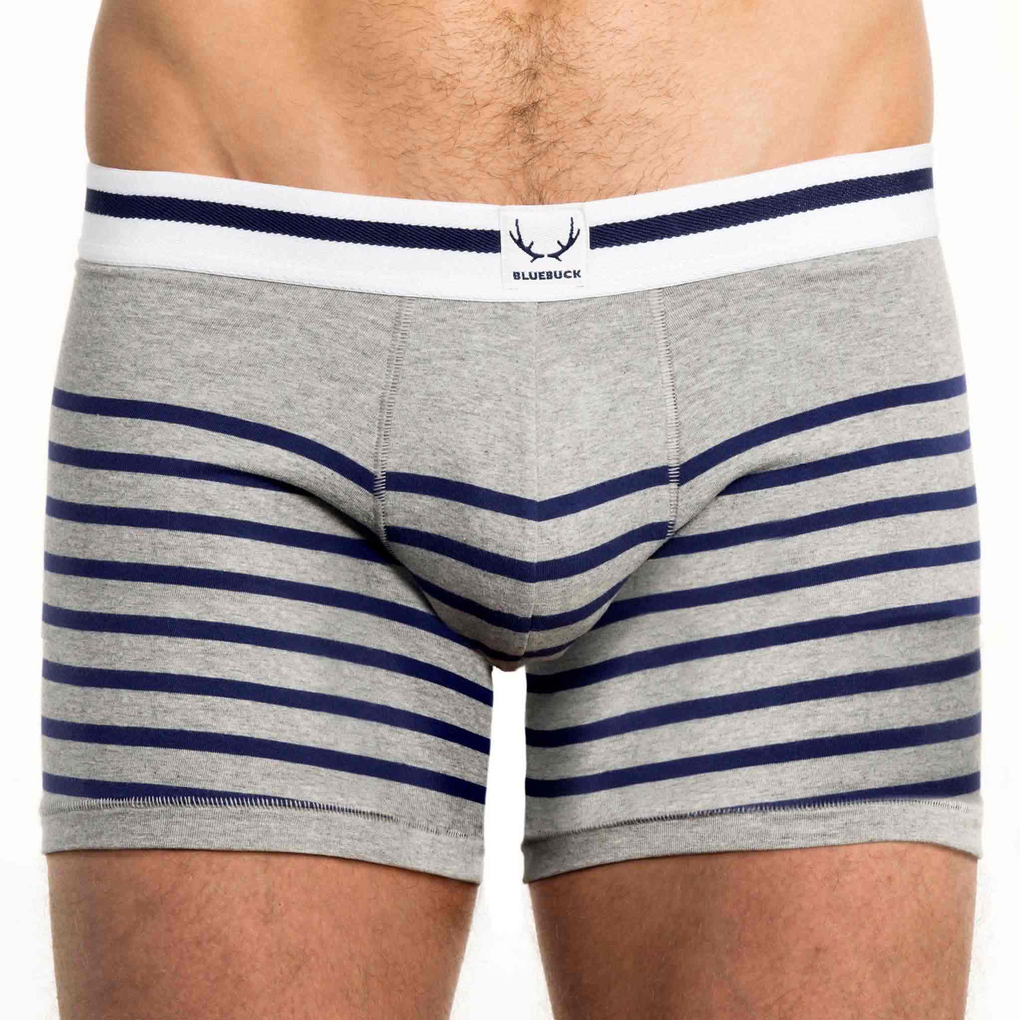 Gray and blue striped, long boxer shorts made of organic cotton from Bluebuck