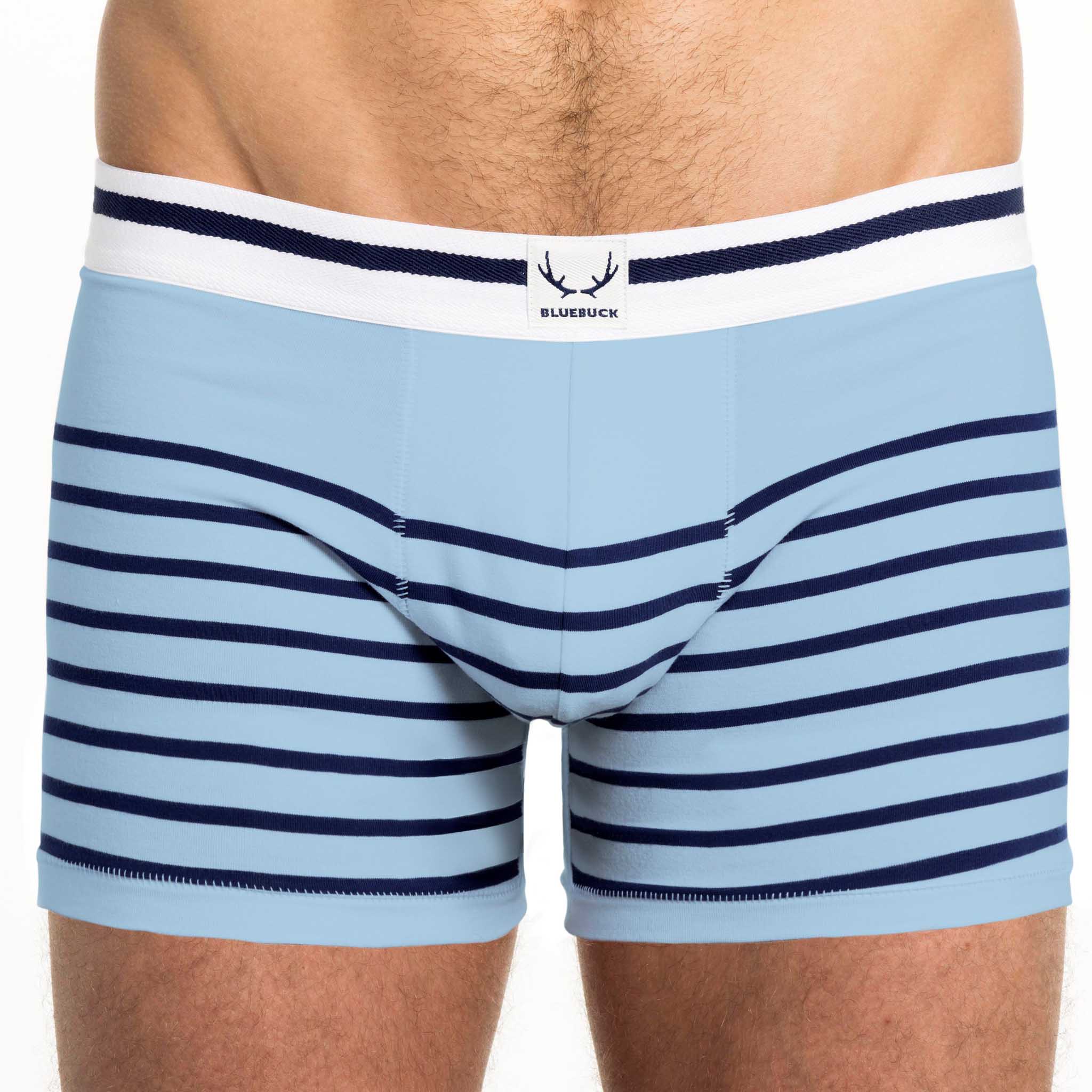 Blue and black striped long boxer shorts made of organic cotton from Bluebuck