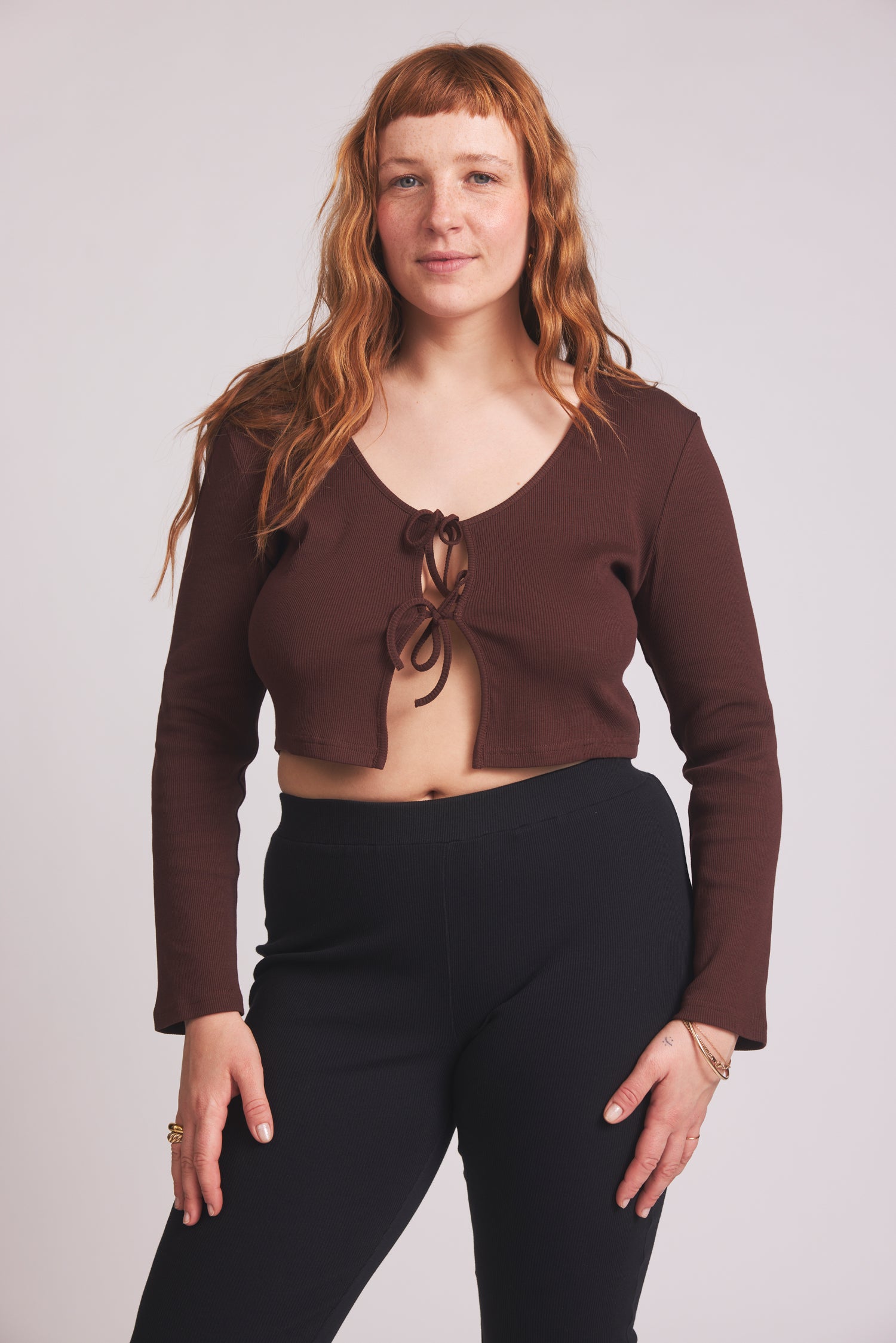 Brown Brit lace-up cardigan made of organic cotton from Baige the Label