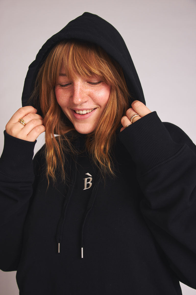 Black hoodie B-Stick made from 100% organic cotton by Baige the Label