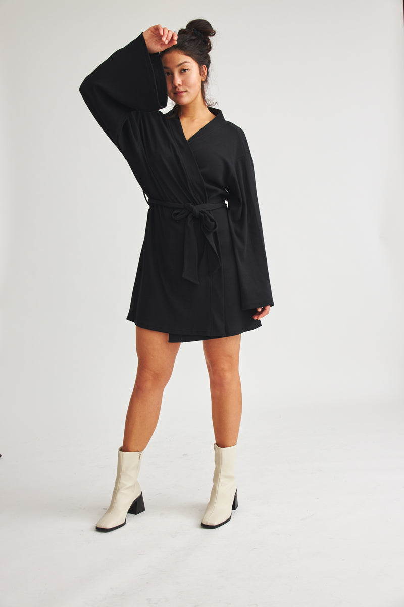 Black wrap dress/long jacket with tie belt Bali made of organic cotton by Baige the Label
