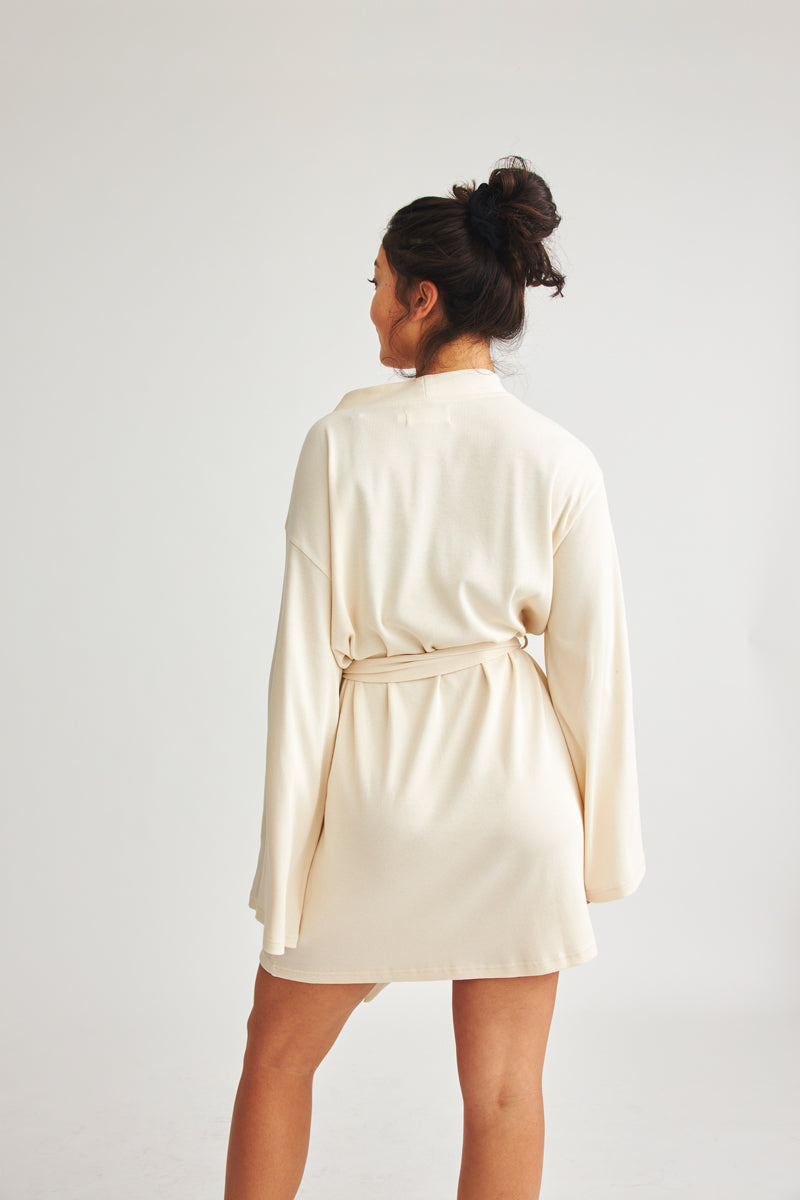 Natural colored wrap dress/long jacket with tie belt Bali made of organic cotton by Baige the Label