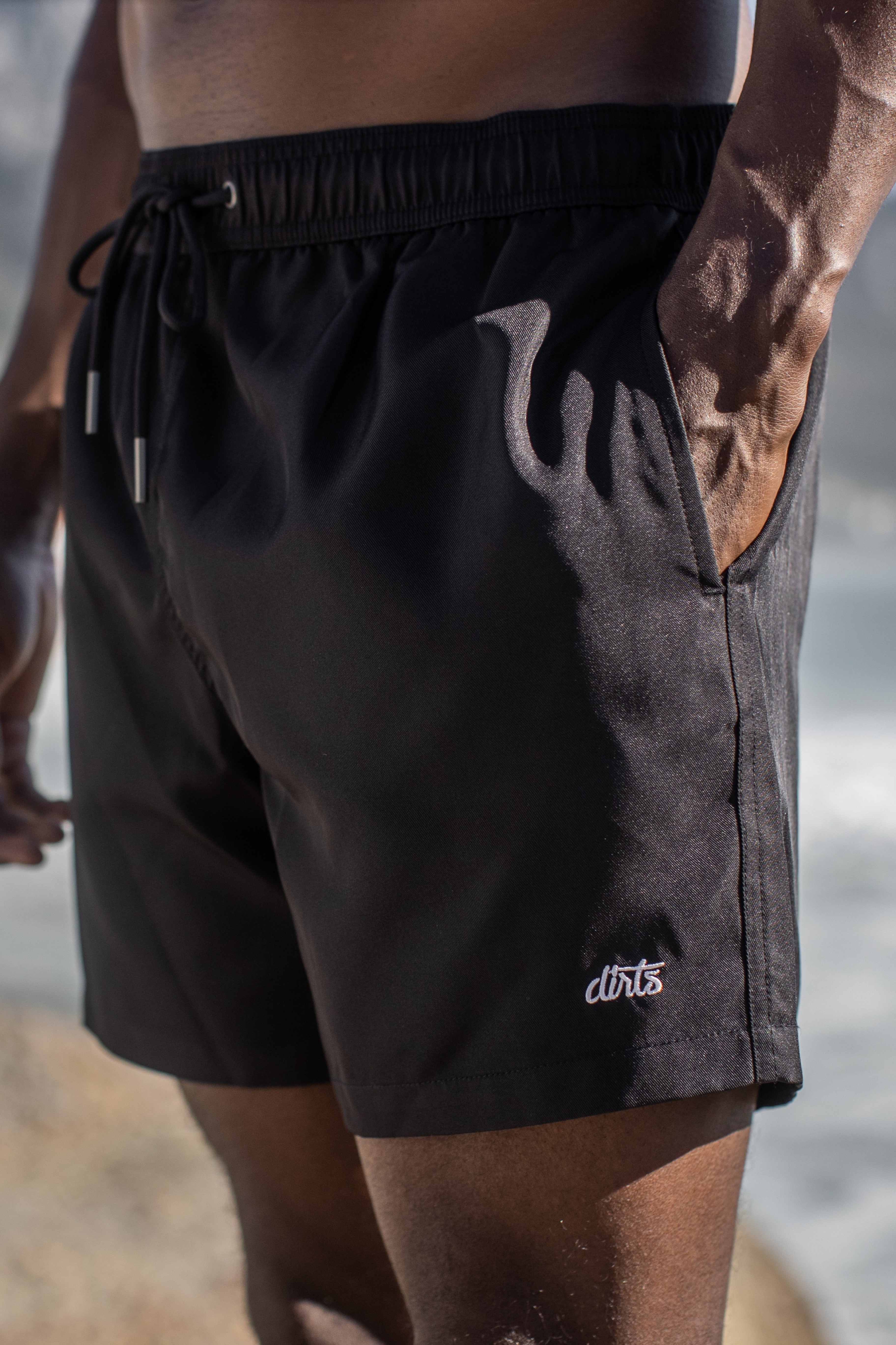 Black swim shorts made from 100% RPET from DIRTS